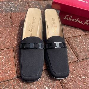 Salvatore Ferragamo Black Canvas Mules Size 7.5